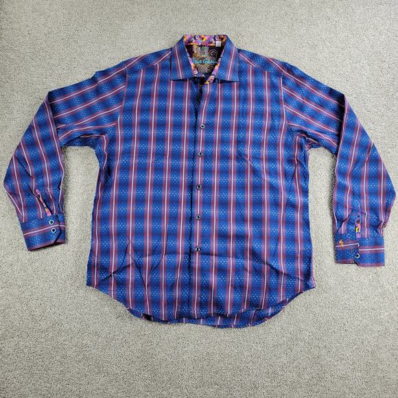 Robert Graham Shirt Mens XL Classic Fit Blue Red Embroidery Stripes Purple Cuffs - Picture 1 of 12